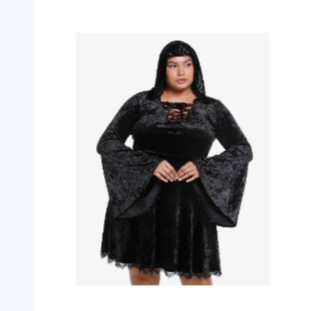 Hot Topic Black Velvet Hooded Lace Up Goth Long Sleeve Mini Dress 1x